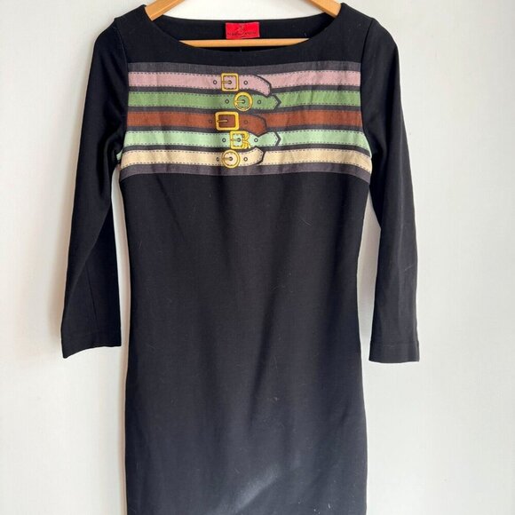 Roberta Di Camerino Belt Print Black Bodycon Dress 6 - Picture 3 of 11